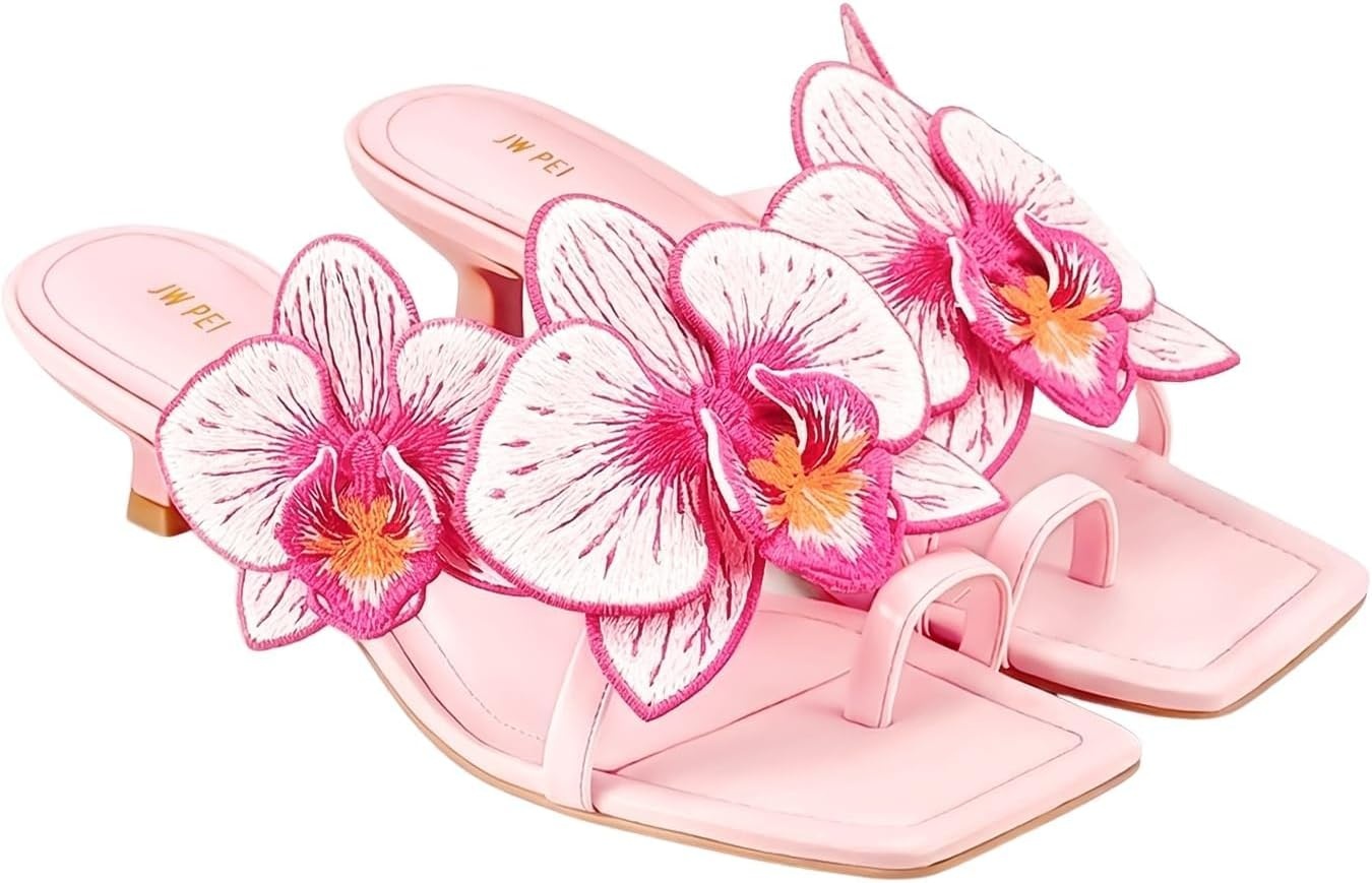 image:imageJW PEI Womens Serena Orchid Embroidered Toe Ring Heeled SandalsBaby Pink