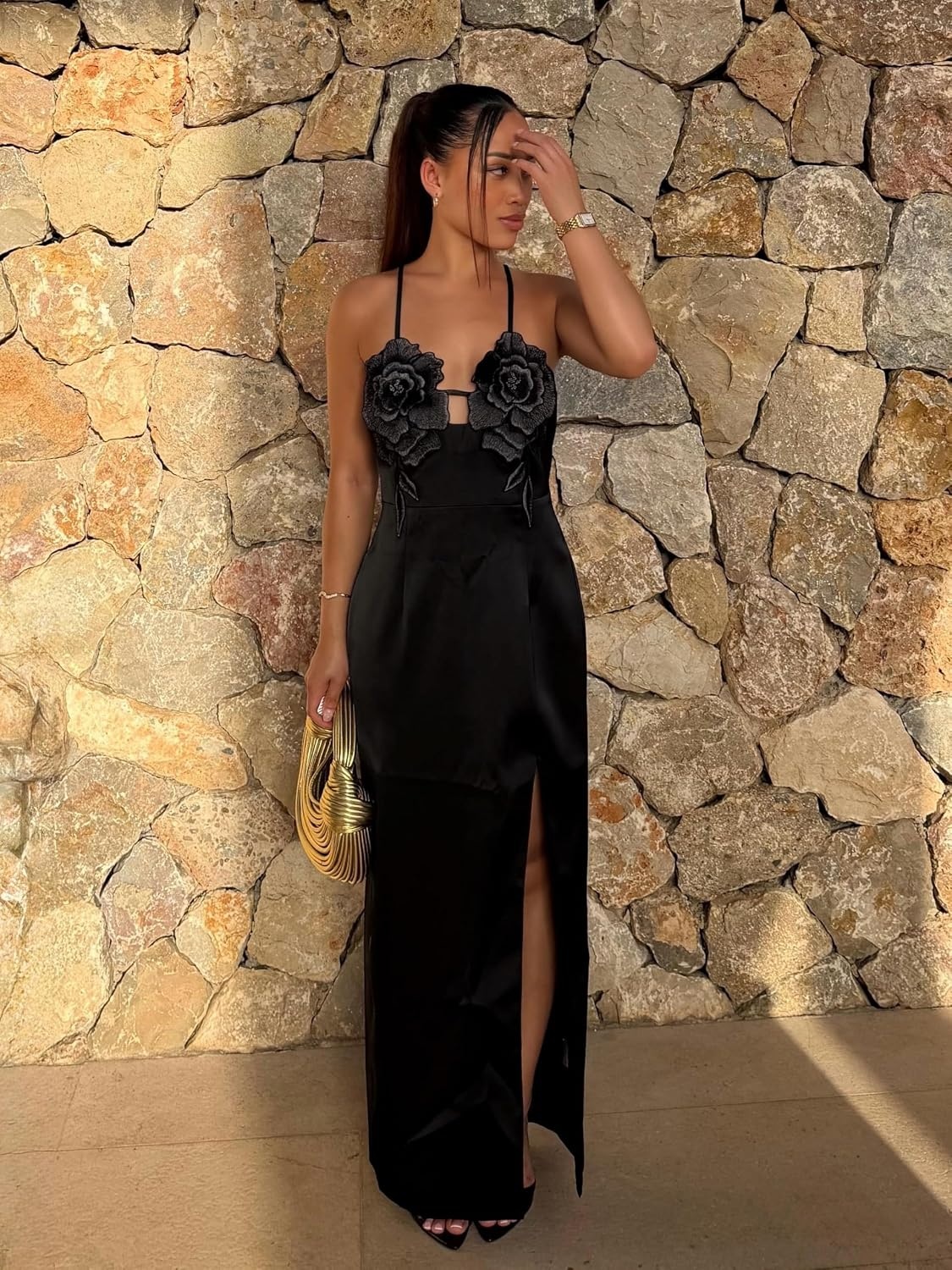 image:imageJW PEI Womens 3D Floral Strappy Maxi DressBlack