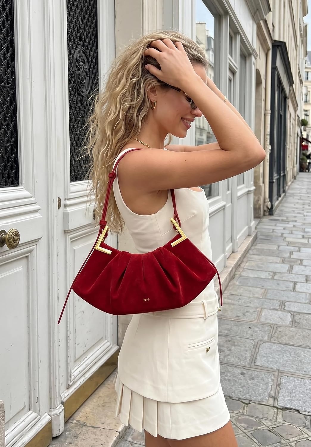 image:imageJW PEI Womens Amelia Faux Suede Pleated Shoulder BagRed