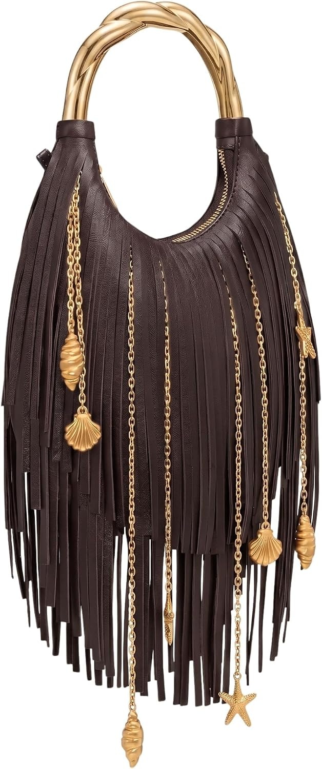 image:imageJW PEI Womens Chloe Metal Handle Fringe Top HandbagDark Brown