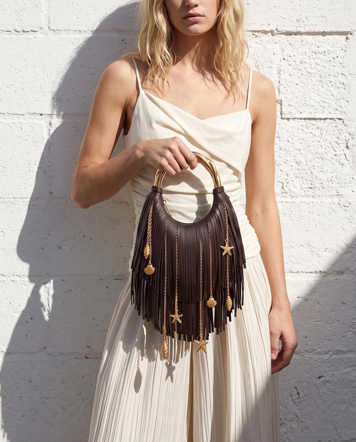 image:imageJW PEI Womens Chloe Metal Handle Fringe Top HandbagDark Brown