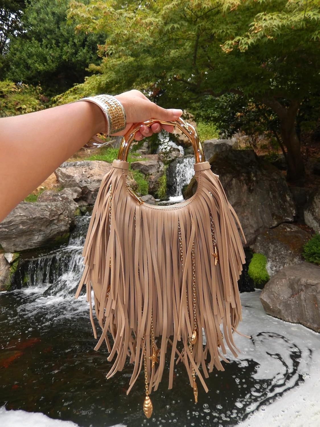 image:imageJW PEI Womens Chloe Metal Handle Fringe Top HandbagKhaki