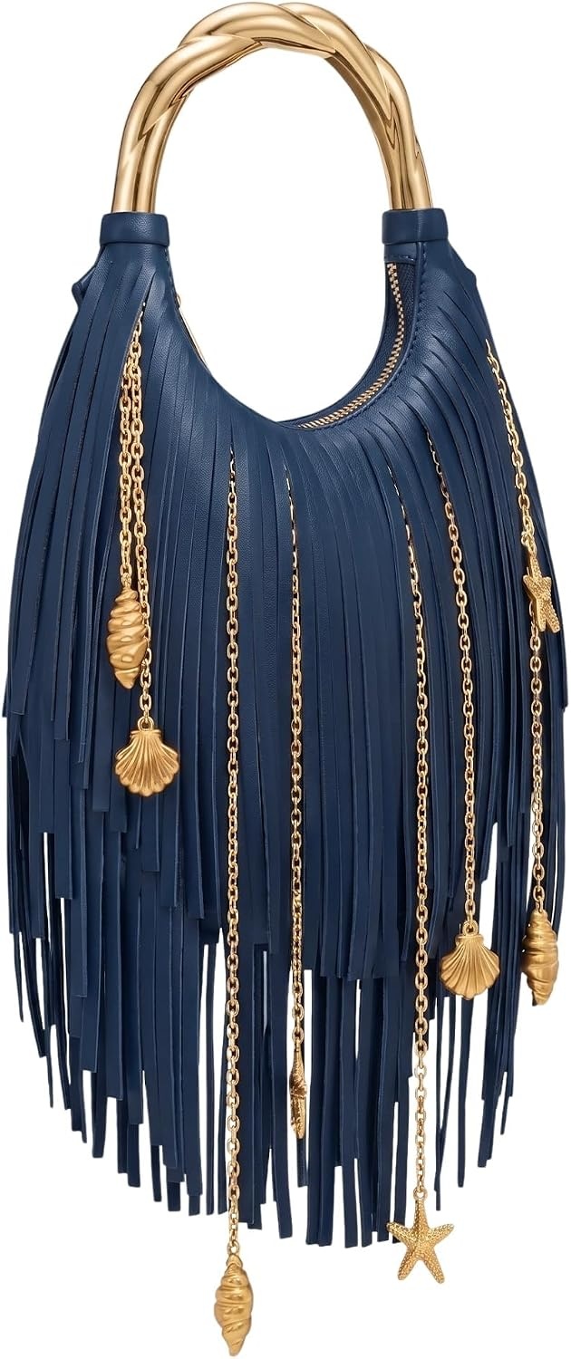image:imageJW PEI Womens Chloe Metal Handle Fringe Top HandbagNavy Blue