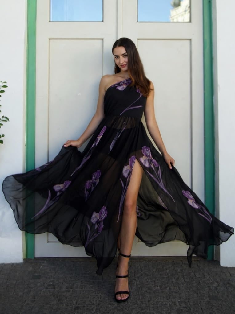 image:imageJW PEI Womens Floral One Shoulder Maxi DressBlack