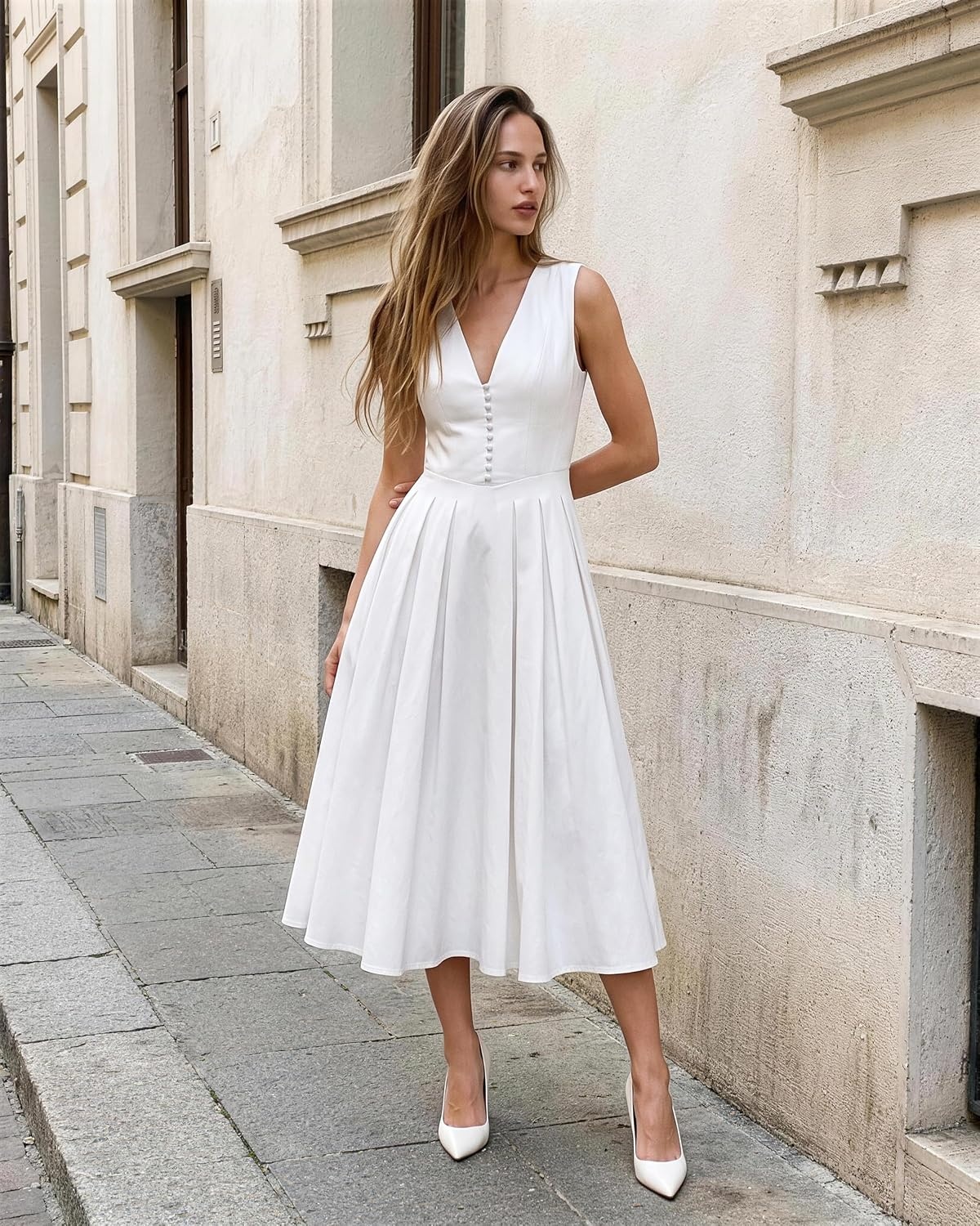 image:imageJW PEI Womens Front VNeck Pleated Midi DressWhite