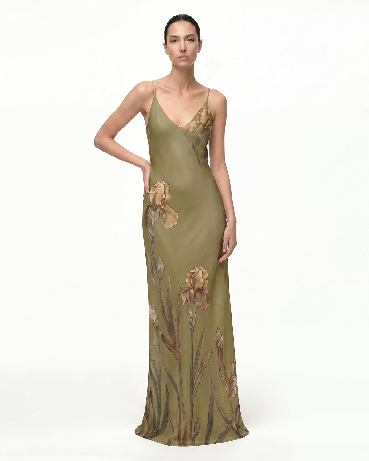 image:imageJW PEI Womens Iris Motif Satin Slip GownOlive Green