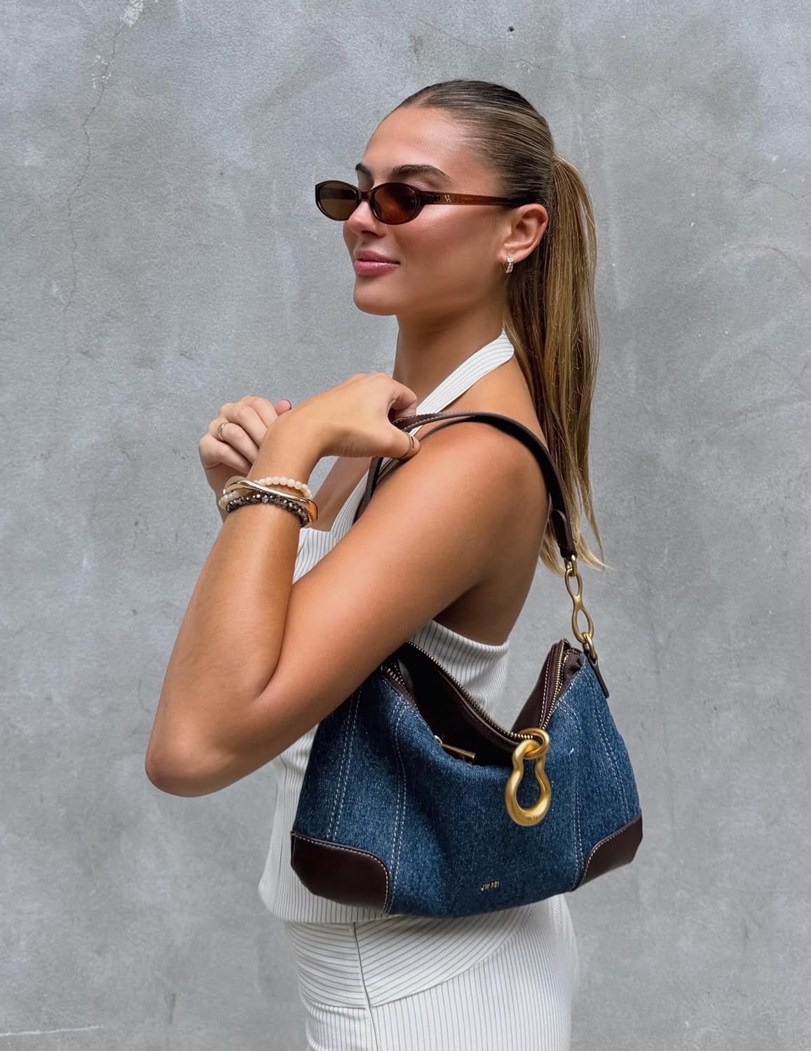 image:imageJW PEI Womens Jayla Metal Pendant Embellished Shoulder BagBlue Denim