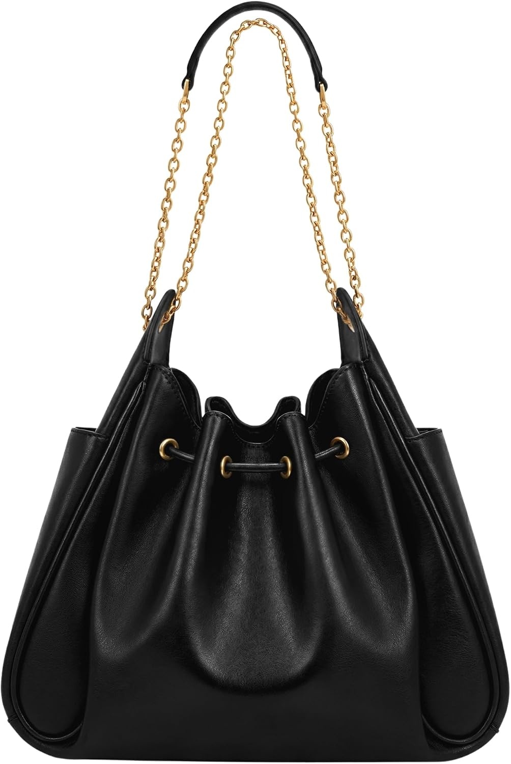 image:imageJW PEI Womens Rowan Ruched Drawstring Chain Bucket BagBlack