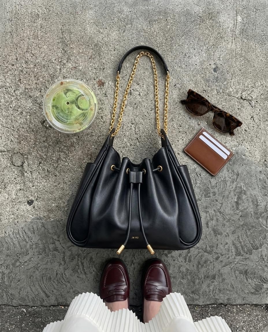image:imageJW PEI Womens Rowan Ruched Drawstring Chain Bucket BagBlack