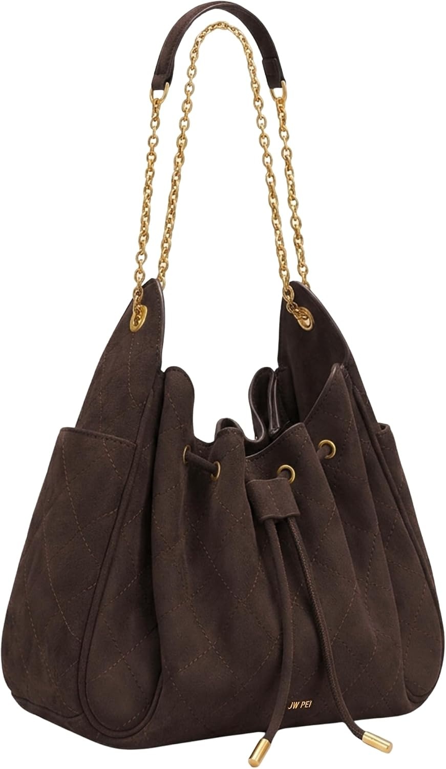 image:imageJW PEI Womens Rowan Ruched Drawstring Chain Bucket BagDark Brown