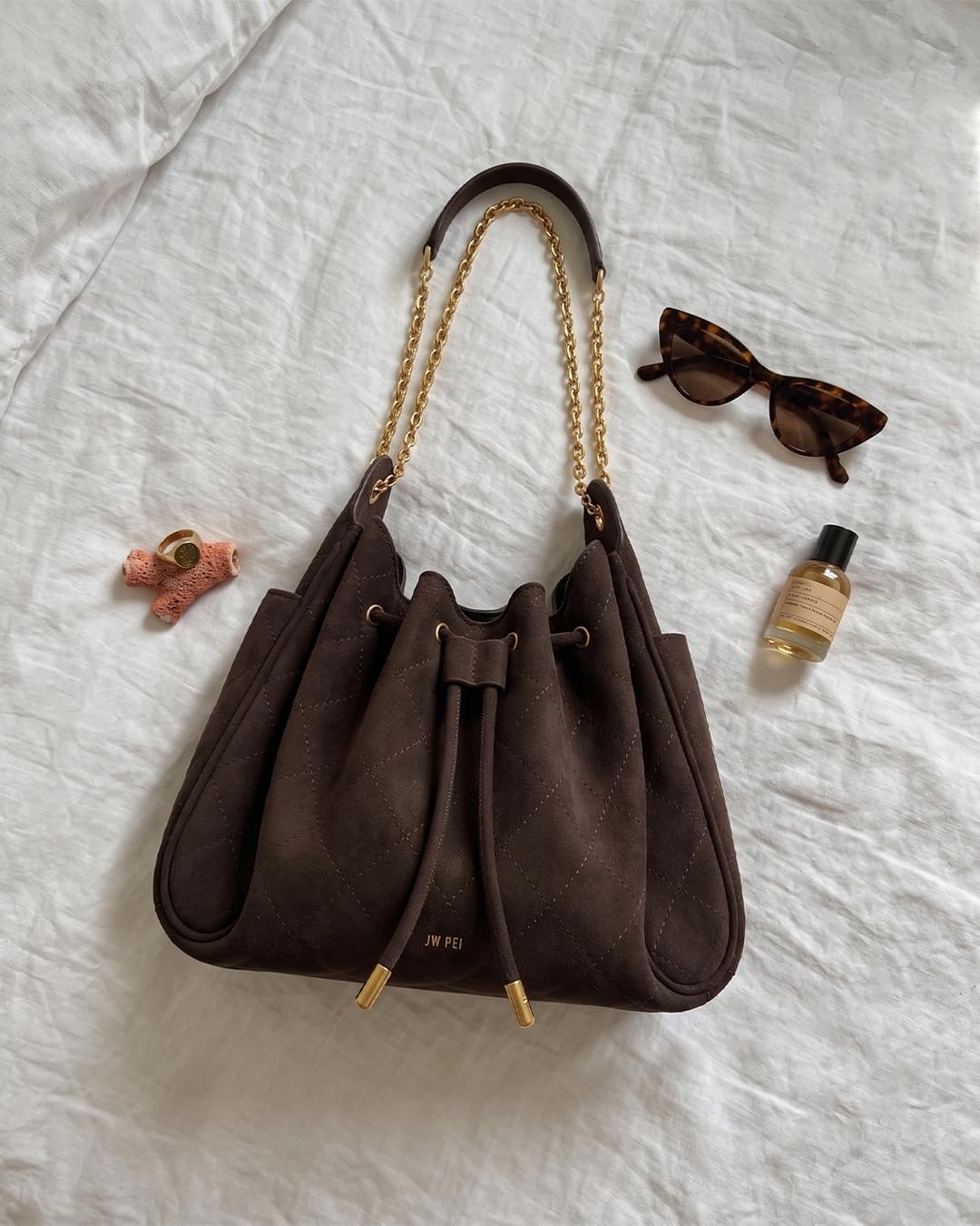 image:imageJW PEI Womens Rowan Ruched Drawstring Chain Bucket BagDark Brown