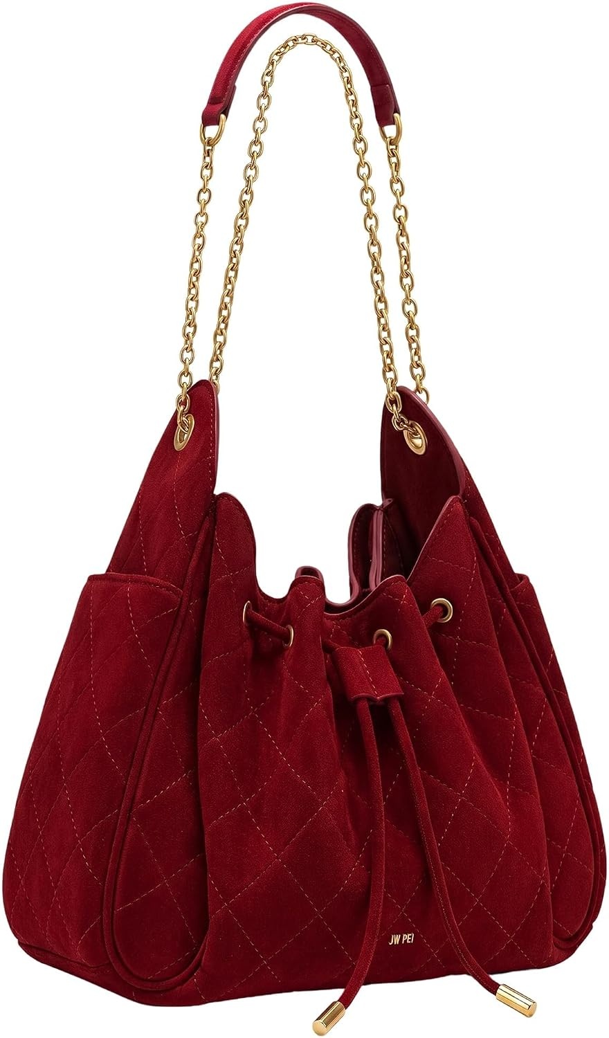 image:imageJW PEI Womens Rowan Ruched Drawstring Chain Bucket BagDark Red