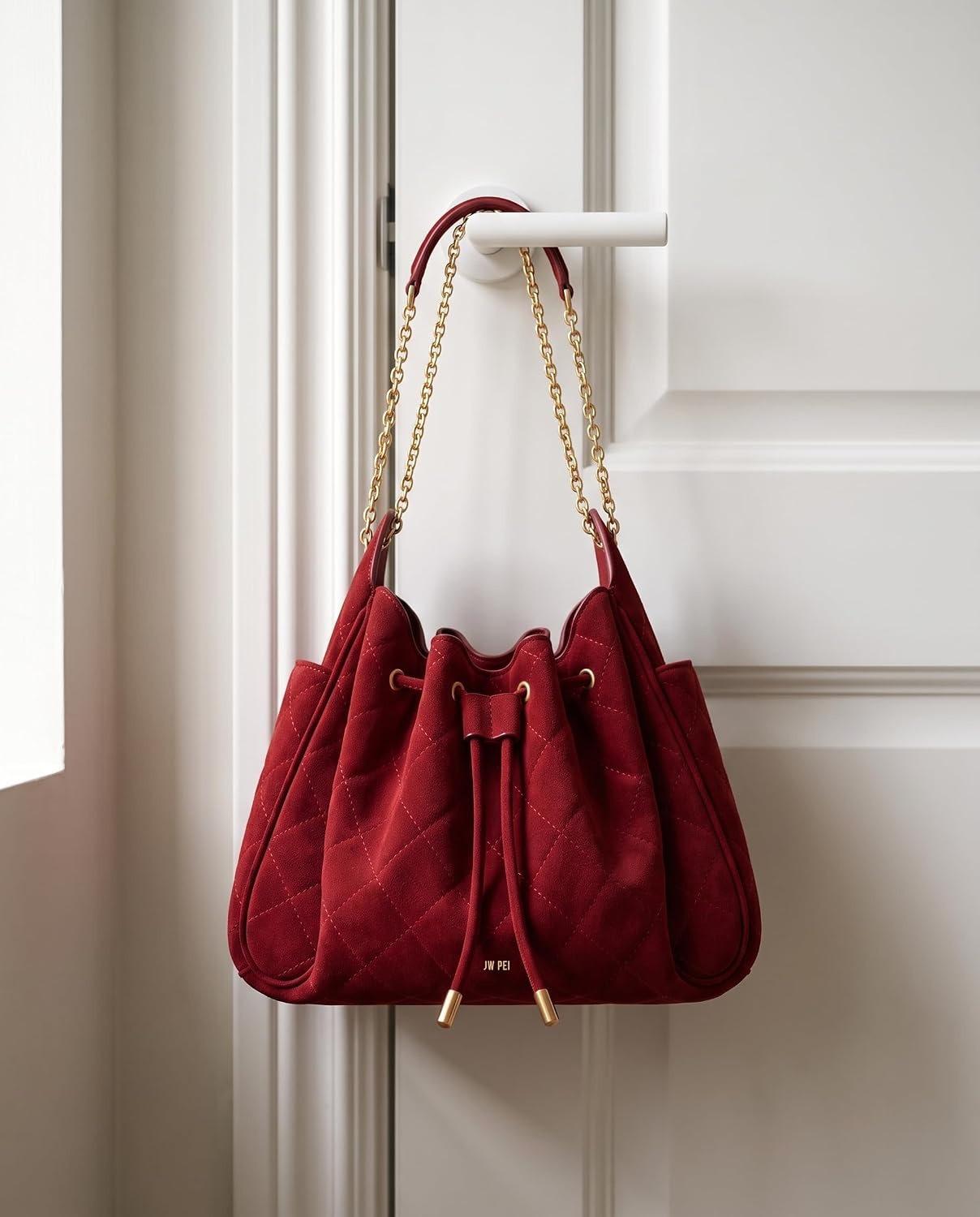 image:imageJW PEI Womens Rowan Ruched Drawstring Chain Bucket BagDark Red