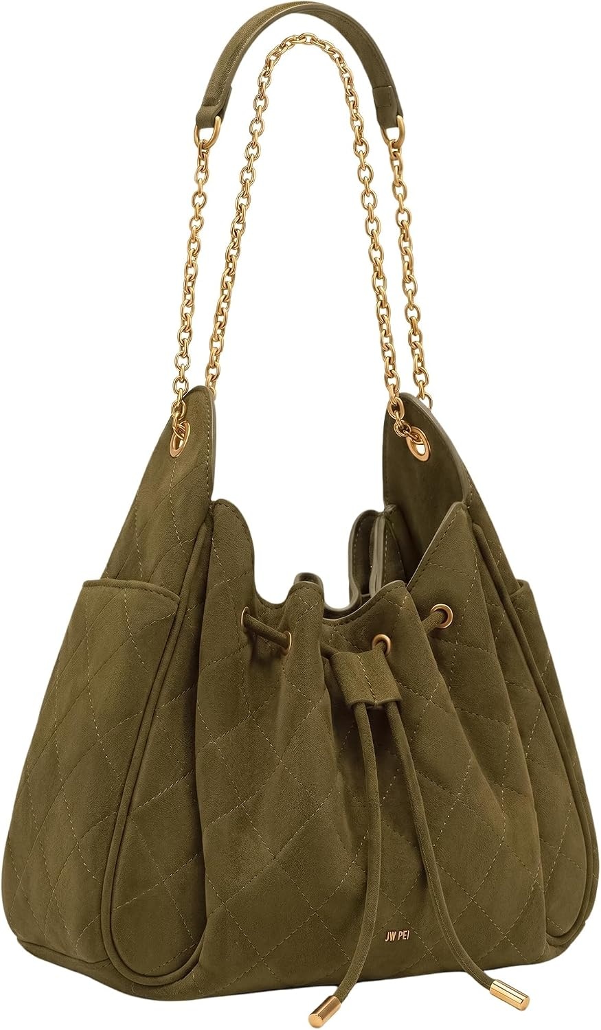 image:imageJW PEI Womens Rowan Ruched Drawstring Chain Bucket BagOlive Green