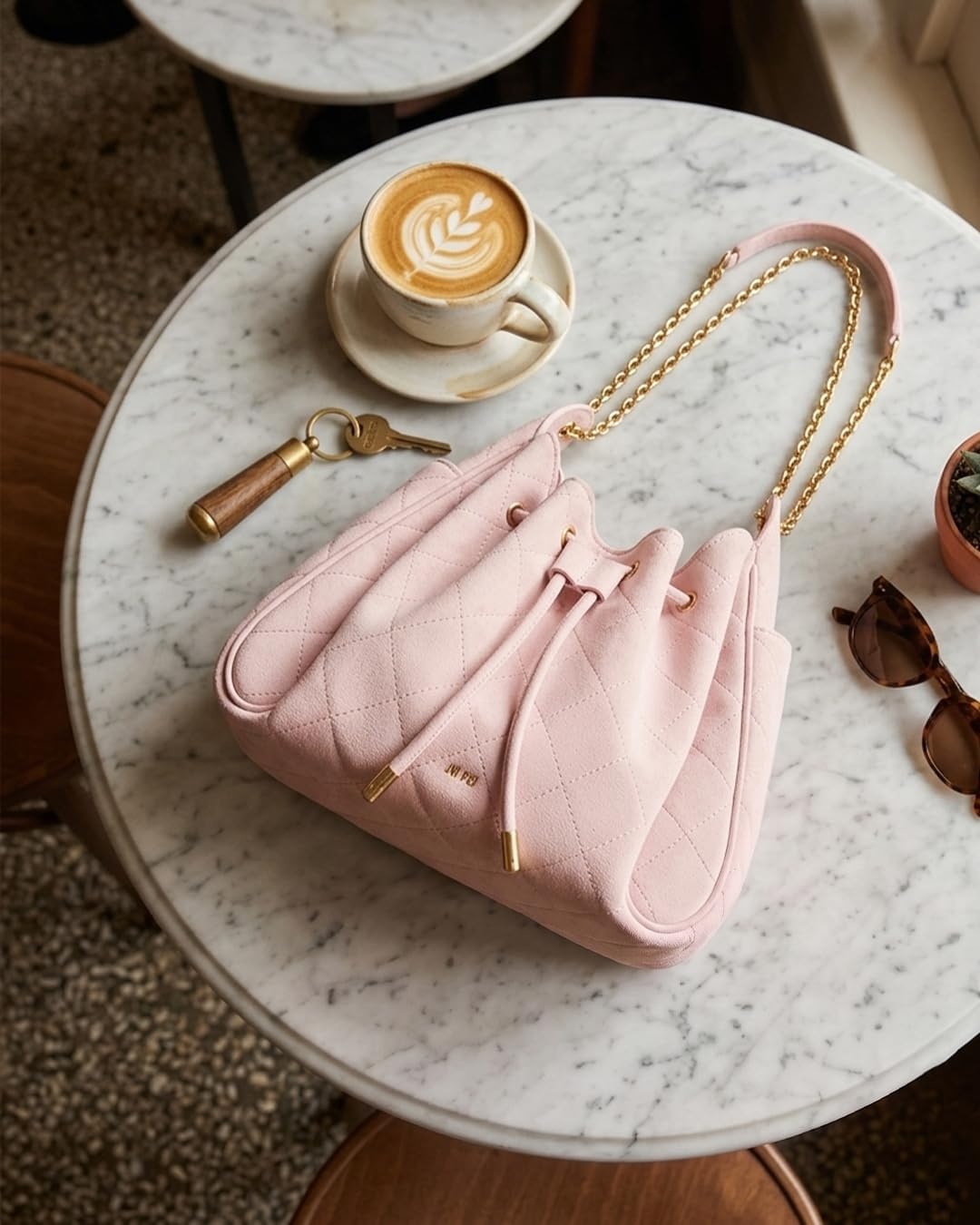 image:imageJW PEI Womens Rowan Ruched Drawstring Chain Bucket BagPink
