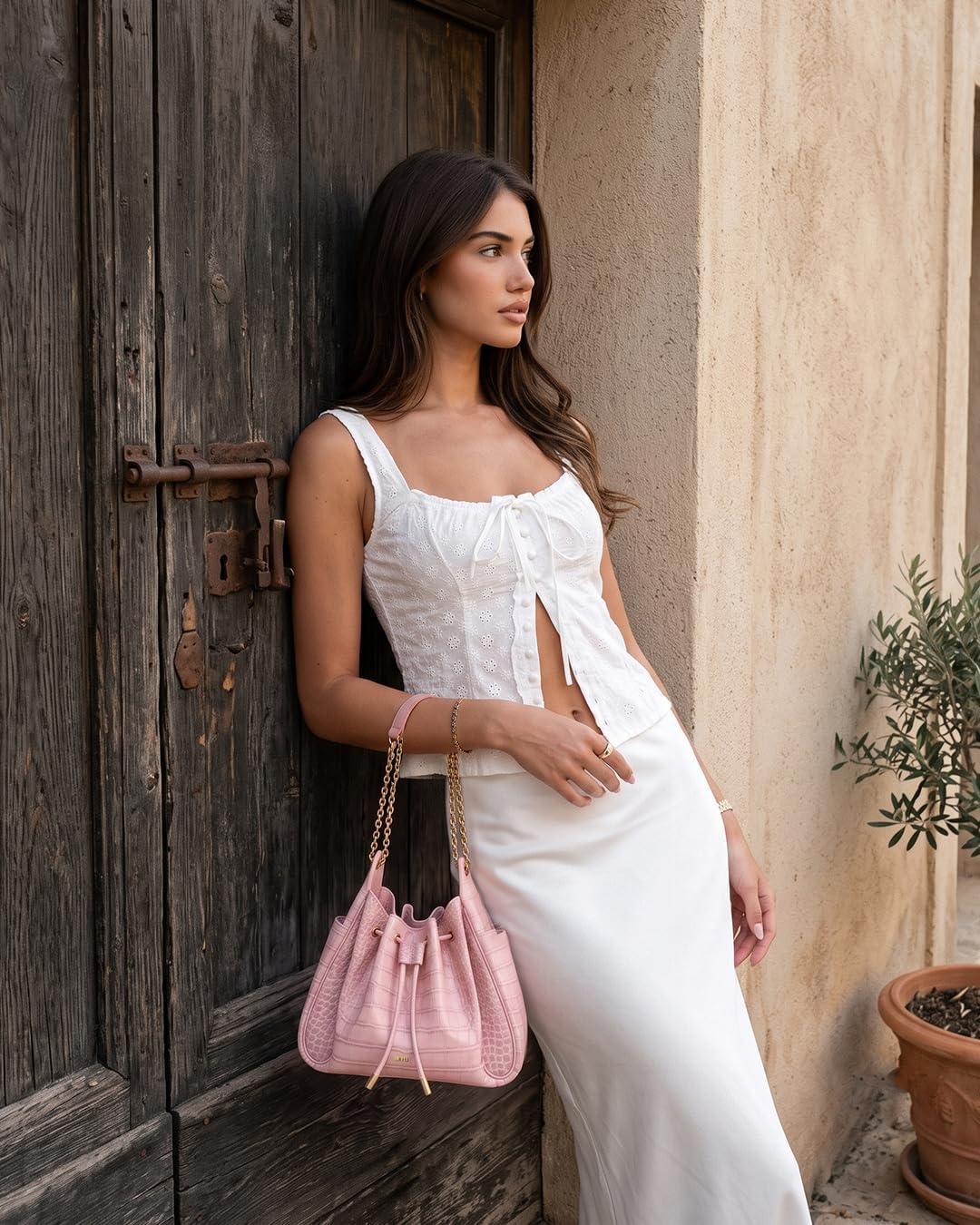 image:imageJW PEI Womens Rowan Ruched Drawstring Chain Bucket BagPink Croc