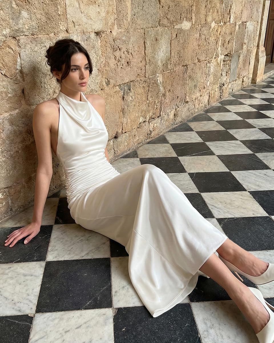 image:imageJW PEI Womens Satin Cowl Neck Ruched Maxi GownWhite