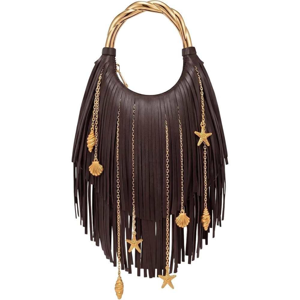 image:imageJW PEI Womens Chloe Metal Handle Fringe Top HandbagDark Brown