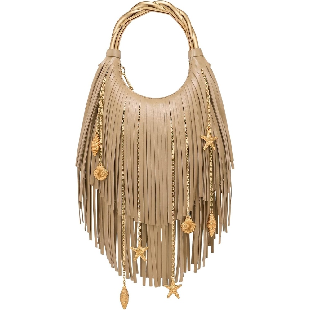image:imageJW PEI Womens Chloe Metal Handle Fringe Top HandbagKhaki