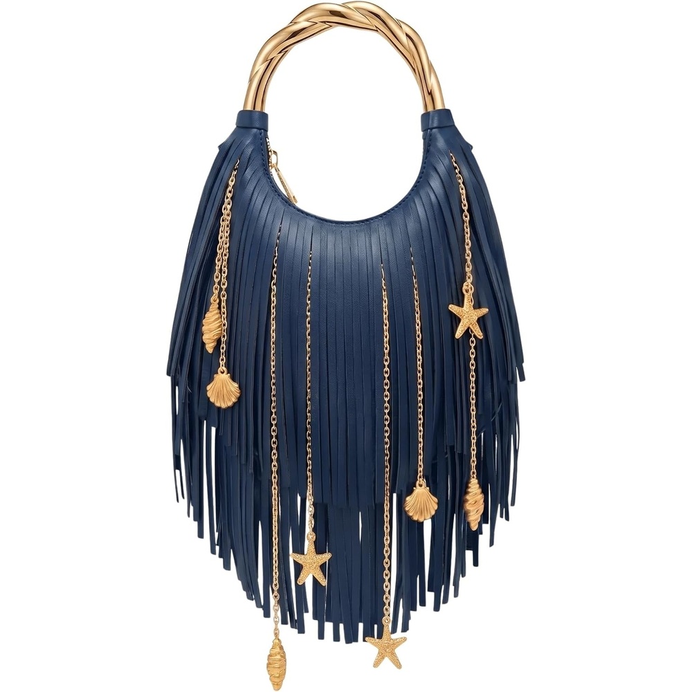 image:imageJW PEI Womens Chloe Metal Handle Fringe Top HandbagNavy Blue