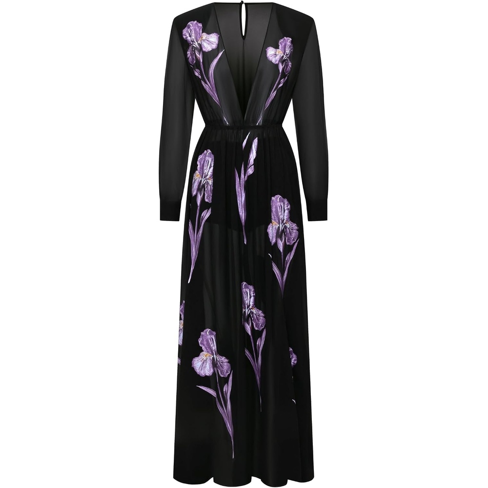 image:imageJW PEI Womens Iris Floral Print LongSleeve Sheer GownBlackPurple