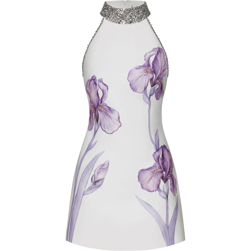 image:imageJW PEI Womens Jeweled Halter Iris Motif DressWhite
