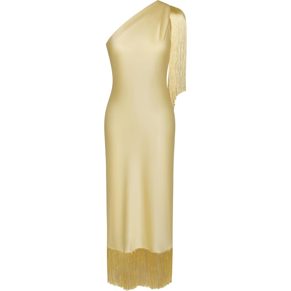 image:imageJW PEI Womens One Shoulder Fringe Midi DressChampagne