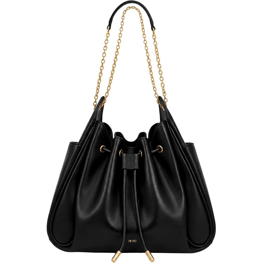 image:imageJW PEI Womens Rowan Ruched Drawstring Chain Bucket BagBlack