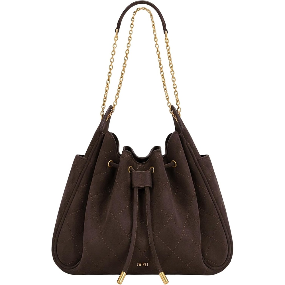 image:imageJW PEI Womens Rowan Ruched Drawstring Chain Bucket BagDark Brown