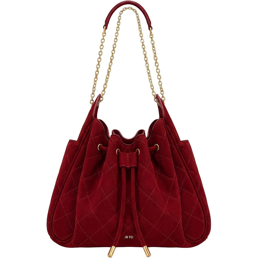 image:imageJW PEI Womens Rowan Ruched Drawstring Chain Bucket BagDark Red