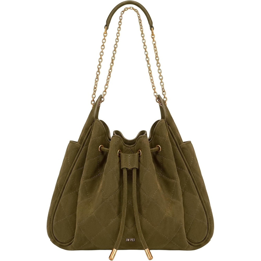 image:imageJW PEI Womens Rowan Ruched Drawstring Chain Bucket BagOlive Green