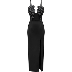 JW PEI Women’s 3D Floral Strappy Maxi Dress(Black)