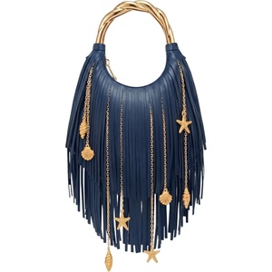 JW PEI Women’s Chloe Metal Handle Fringe Top Handbag(Navy Blue)