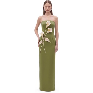 JW PEI Women’s Floral Appliqué Strapless Dress(Olive Green)