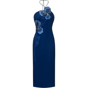 JW PEI Women’s Iris Embroidered Halter Midi Dress(Navy Blue)