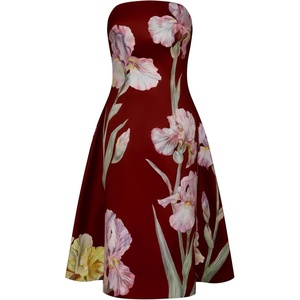 JW PEI Women’s Iris Floral Print Strapless A-Line Dress(Burgundy)