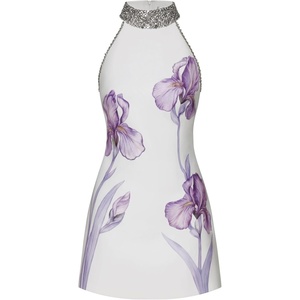 JW PEI Women’s Jeweled Halter Iris Motif Dress(White)
