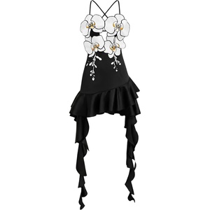 JW PEI Women’s Orchid Embroidered Ruffle Hem Mini Dress(Black)