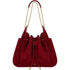JW PEI Women’s Rowan Ruched Drawstring Chain Bucket Bag(Dark Red)