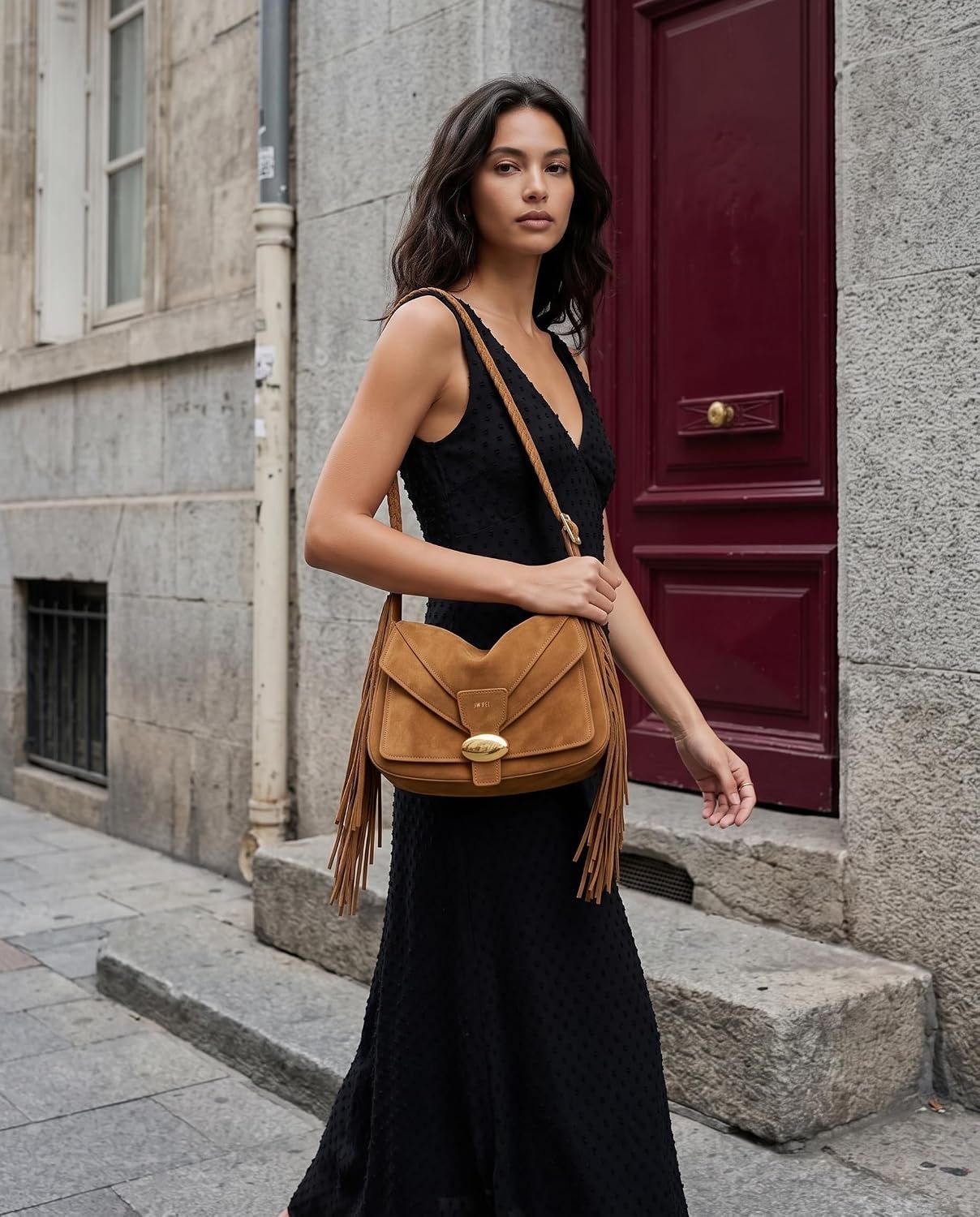 image:imageJW PEI Womens Avery Fringe Faux Suede Shoulder Bag